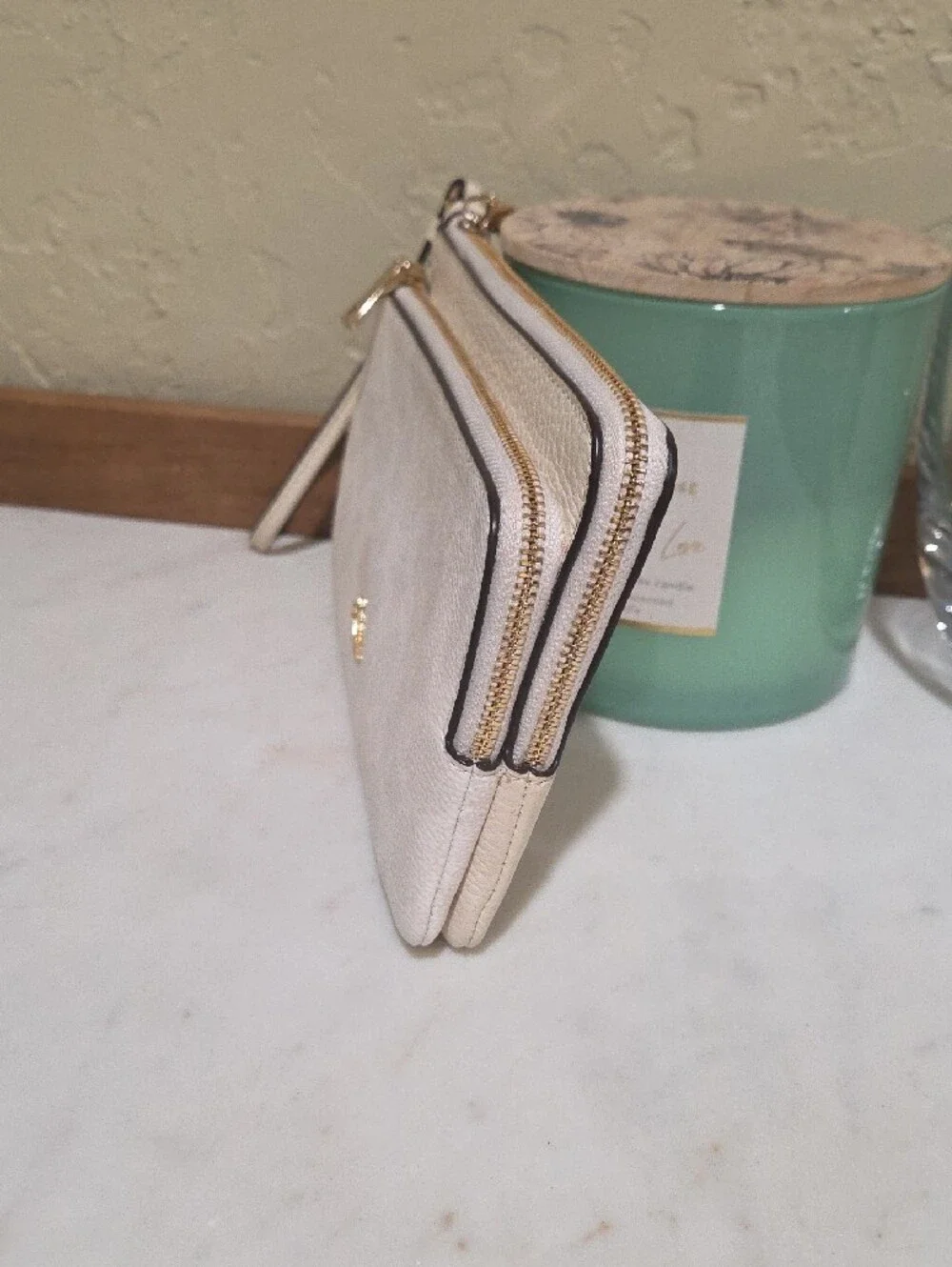 Coach Cream White Signature Double Zip Wristlet with Wrist Strap